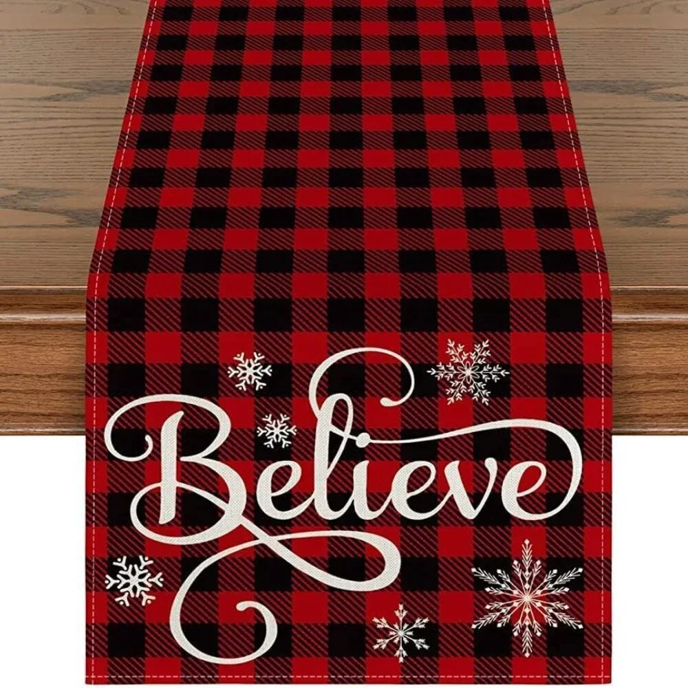 Believe Xmas Red and Black Buffalo Plaid Table Runner, Seasonal Winter 13x72